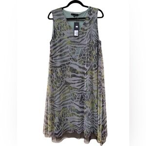 Kozan Zebra Print Midi Sheer Mesh Overlay Dress Size Medium Muted Gray Green NWT